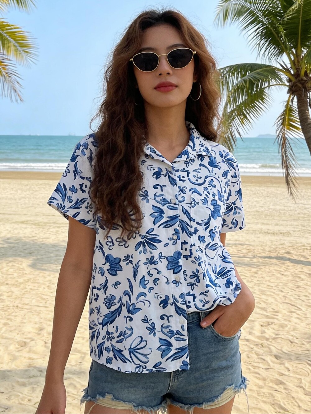 JAPNA Women's Shirt Top Floral Rayon White Blue Short Sleeves LARGE